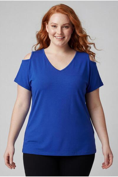 Ebsumu Women's Plus Size Off-The-Shoulder V-Neck Viscose Blue T-Shirt – Front...