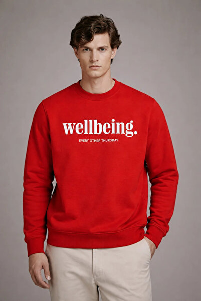 COMBİNE MİCHAİL سويت شيرت رجالي أحمر فضفاض مطبوع عليه نص