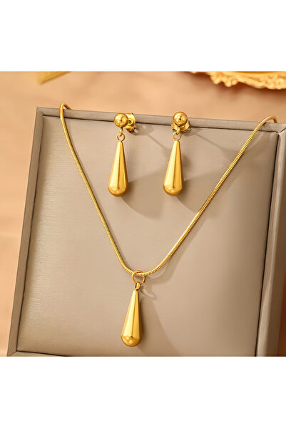 Choice Gold-color Simple Punk Style Drop Pendant Necklace Earrings Set Stainl...