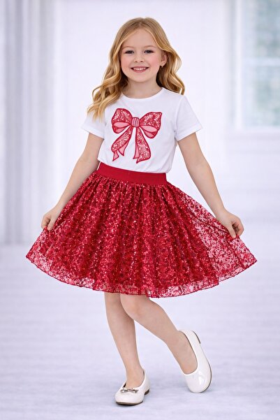 Nacar 23 Nisan 29 Ekim Gösteri Kıyafeti Kız Çocuk Fiyonk Baskılı Payetli Kırm...