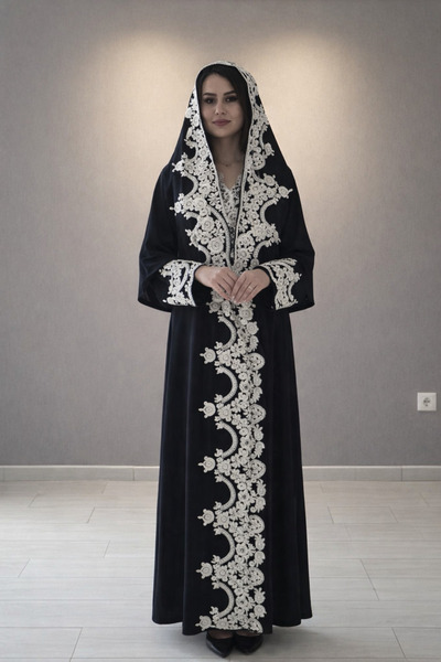 Home Fransız Dantelli Krep Namaz Elbisesi ve Şalı – Hafif, Şık, Özel Dikim