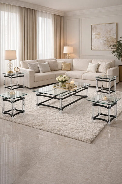 MARIA HOMES Modern 5-Piece Center Table Set Acrylic Legs Tempered Glass Top B...