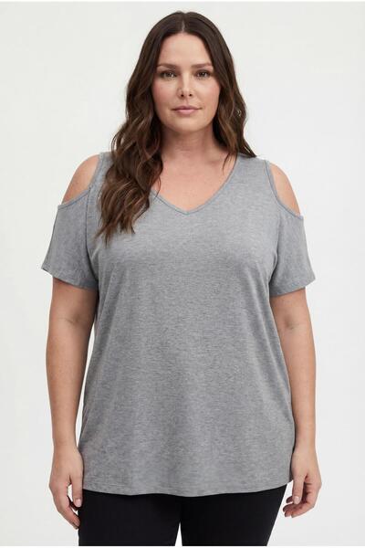 Ebsumu Women's Plus Size Off-The-Shoulder V-Neck Viscose Gray T-Shirt – Front...