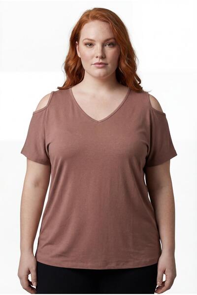 Ebsumu Women's Plus Size Off-The-Shoulder V-Neck Viscose Mink T-Shirt – Front...