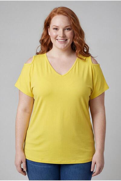 Ebsumu Women's Plus Size Off-The-Shoulder V-Neck Viscose Yellow T-Shirt – Fro...