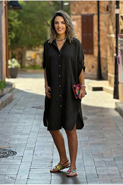 STYLENEST %100 Pamuk Müslin Düğmeli Gömlek Elbise – Rahat Kesim, Siyah