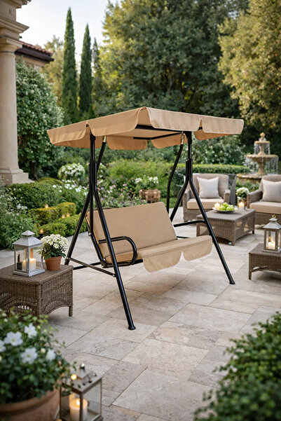 MARIA HOMES Beige 3-Seater Garden Swing with Adjustable Canopy, Durable Steel...