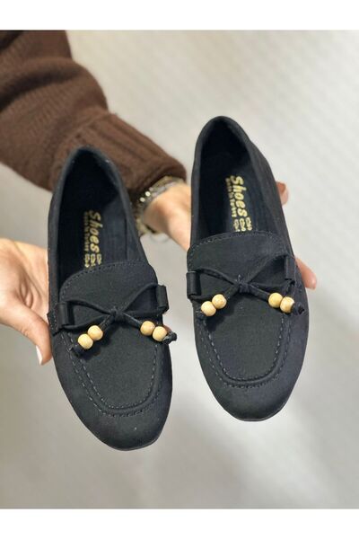 KAYGISIZ AYAKKABI حذاء باليرينا يومي للنساء من جلد الغزال الأسود مع تفاصيل شر...