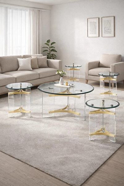 MARIA HOMES 5-Piece Glass Coffee Table Set with Gold Acrylic Base – Modern Li...
