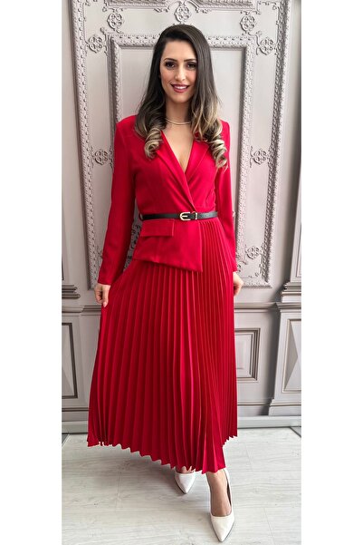 styleFlex Rochie midi din stofa, talie pe elastic, cu fustă plisată și curea ...