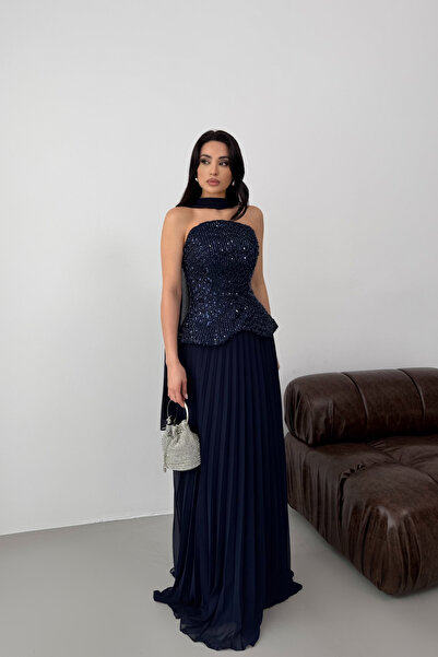 Serica Moda Navy Blue Shawl Detailed Sequin Embroidered Chiffon Skirt Evening...