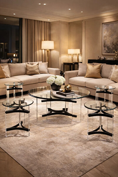 MARIA HOMES 5-Piece Glass Coffee Table Set with Black Acrylic Base – Modern D...