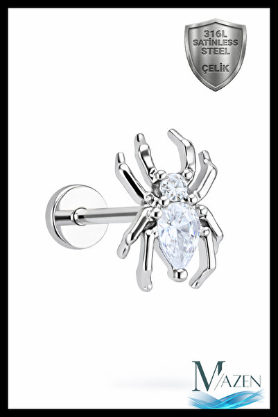 MAZEN Örümcek Figürlü Zirkon Taşlı Helix Tragus Piercing | 316L Çelik | Arkas...
