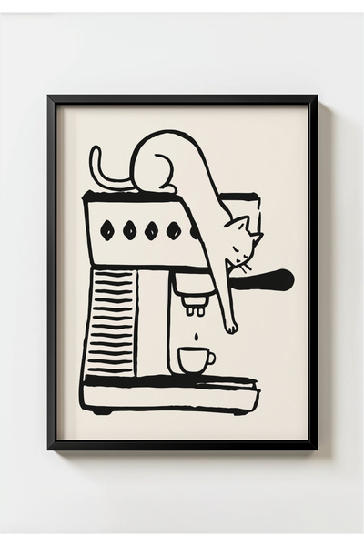 MIOVI WORKS Lazy Coffee Cat | Siyah Sevimli Kedi ve Espresso Makinesi Mutfak ...