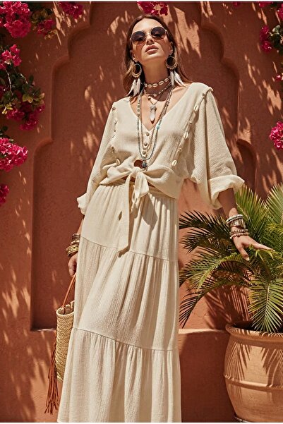 FASHION COCKTAIL Mussel Oyster Seashell V-Neck Tie-Up Crop Above Knee Elastic...