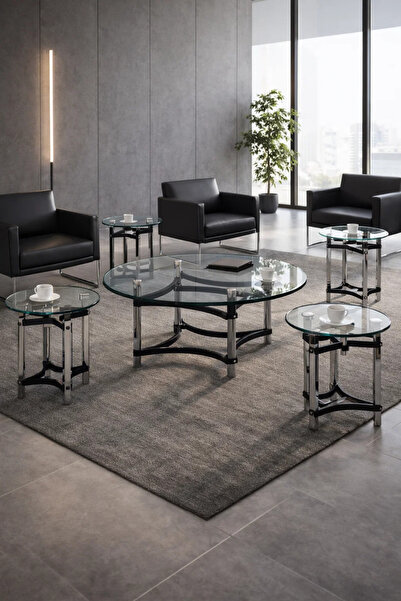 MARIA HOMES 5-Piece Glass Coffee Table Set with Black Acrylic and Chrome Base...