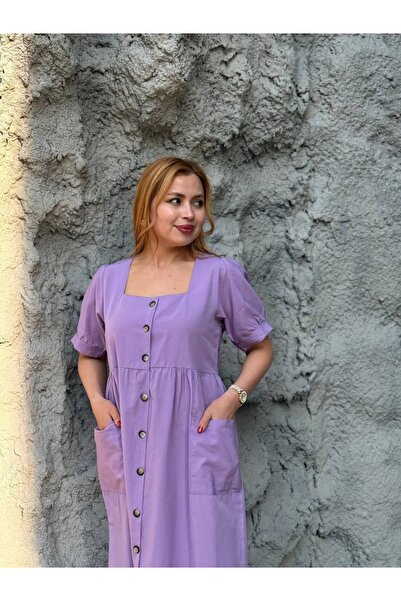 Generic Brand Rochie midi de vară cu guler pătrat, buzunare și nasturi