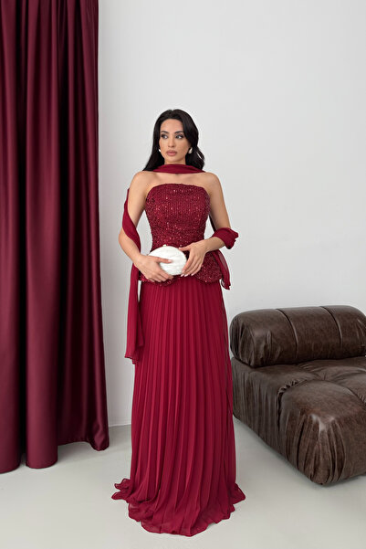 Serica Moda Rochie de seară din șifon brodată cu paiete, cu detalii șal bordeaux