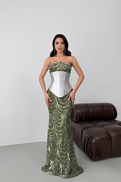 Serica Moda Khaki Stone Embroidered Sequined Detachable Corset Evening Dress