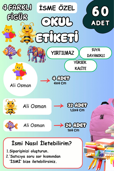 birikiyedi Okul Etiketi Kalem Defter Etiketi Özel Isim Yazılabilen Etiket 60 ...