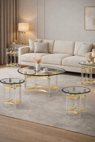 MARIA HOMES Luxury 5-Piece Glass Coffee Table Set with Gold Acrylic Base – Mo...