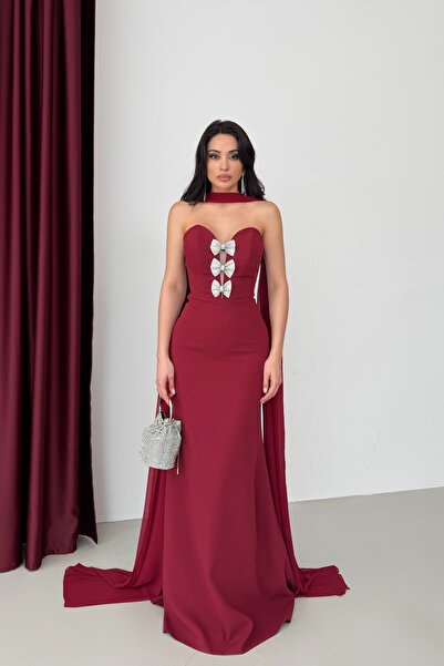 Serica Moda Burgundy Sweetheart Neckline Bow Detail Fish Cut Evening Dress