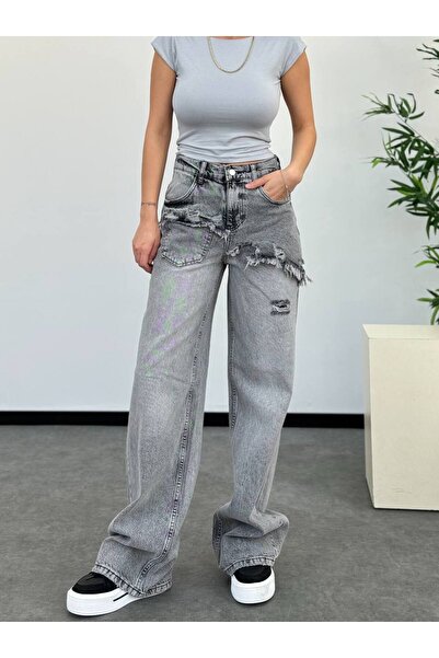DENİKK Trend Special Design Wide Leg Jean with Ripped Details Palazzo Pants