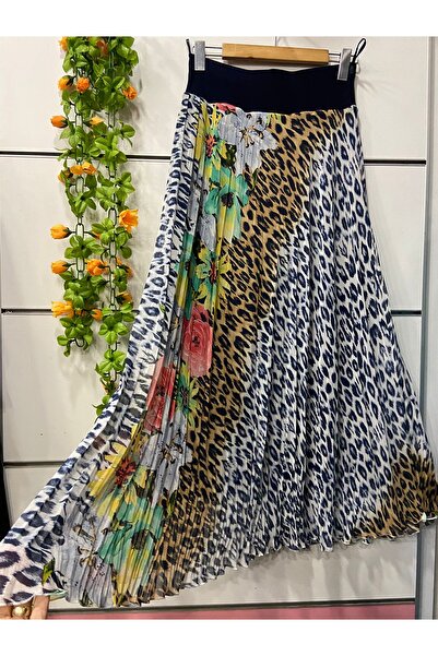 edu collection Patterned Chiffon Skirt with Lining in Dark Navy Blue