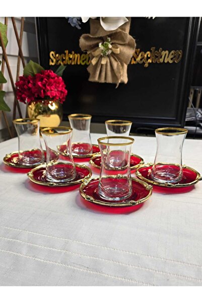 FTH DİZAYN Butterfly Collection Red Tea Set for 6 People
