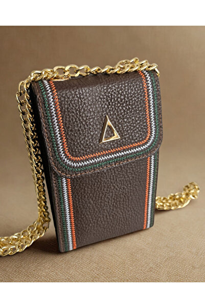 MERIE&CO Kadın Kahverengi Zincir Askılı Mini Omuz Çantası – Üçgen Metal Detay...