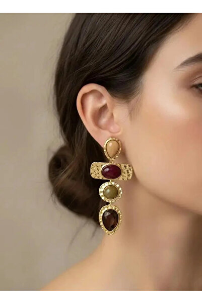 Dorvina Pirinç Gold Detaylı Bordo Renk Antik Sallantılı Vintage Kadın Küpe