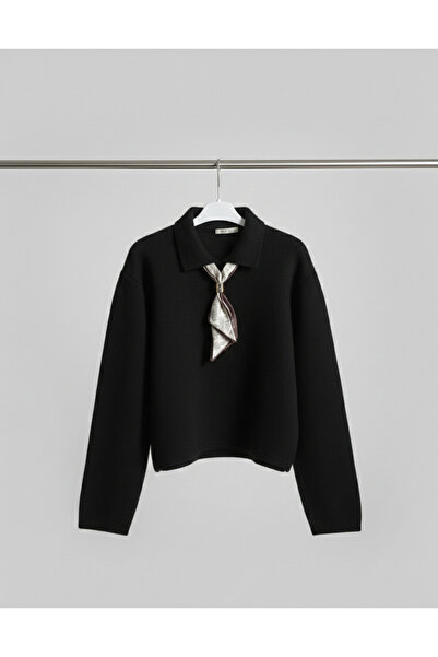 Lunleni Polo Collar Scarf Black Sweater