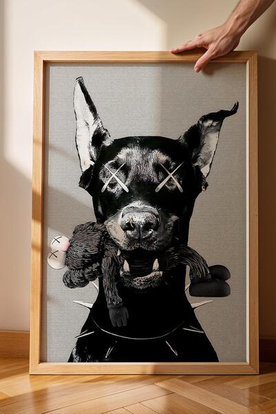 Saturn Tablou înrămat cu câine Doberman figurat KAWS, decor puternic accentua...