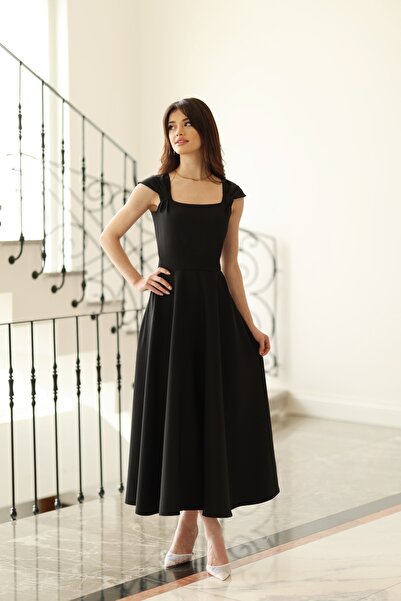 BEYZATURAN Women's Black Strapless Long Flared Skirt with Square Neckline, Ev...