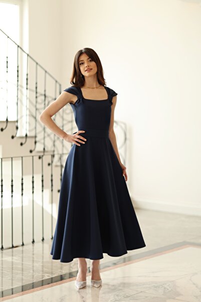 BEYZATURAN Women's Navy Blue Strapless Long Flared Skirt Square Neck Evening ...