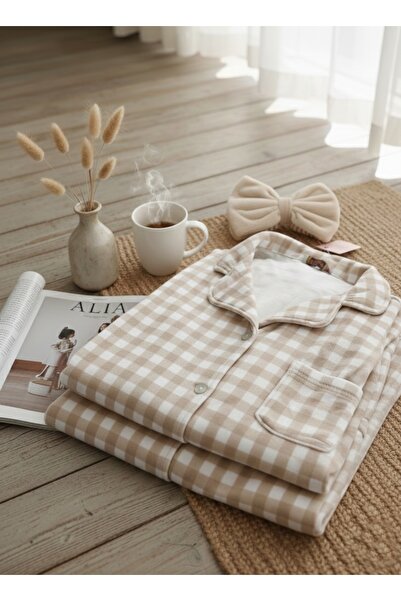 Bej Kareli Düğmeli Kadın Pijama Takımı