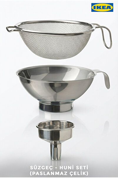 IKEA KORKEN Süzgeç - Huni Seti Paslanmaz Çelikten, 3 parça