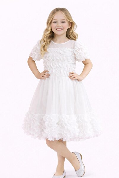 Nacar 23 Nisan 29 Ekim Gösteri Kıyafeti Kız Çocuk Beyaz Fırfırlı Tül Detaylı ...