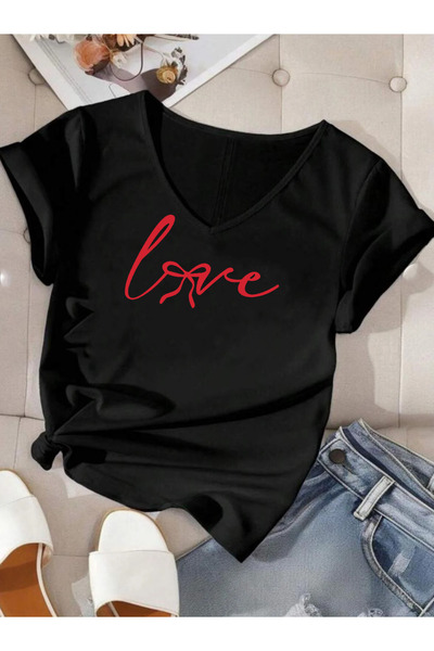 SUNFREE Love Ribbon Printed V-Neck Women's Tshirt