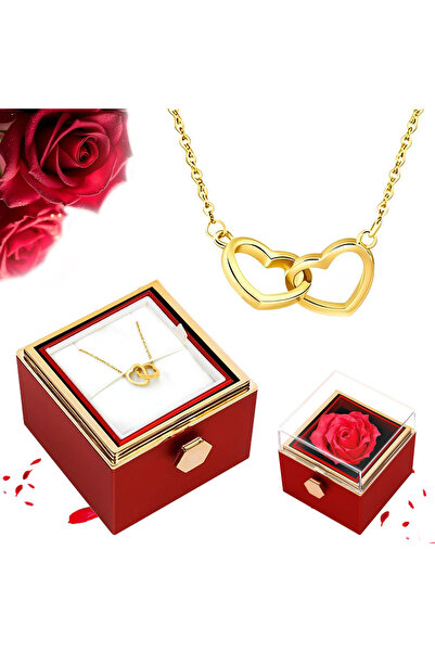 miraza Cadou Ziua Indragostitilor, Trandafir Etern cu Colier Inima Dubla si C...