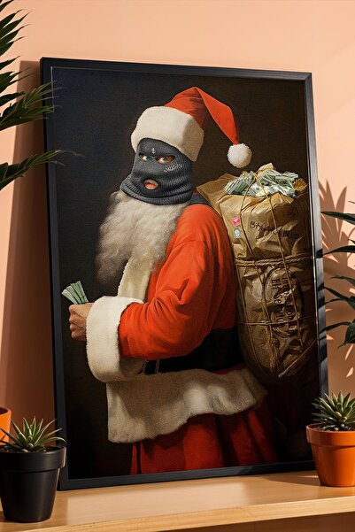 Saturn Masked Thief Santa Claus Money Sack Framed Painting Street Art Humorou...