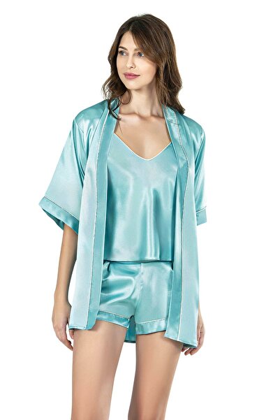 Slendos Women'S, Aqua Blue, Ribbed, Satin 3-Piece Shorts Set
