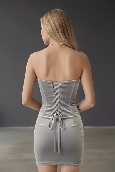 JACA Kadife Kumaş Arkadan Bağcıklı Büstiyer Tasarım Korse