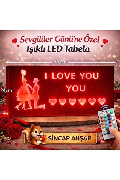 Sevgililer Günü’ne Özel "I LOVE YOU" Işıklı RGB Ledli kumandalı Tabela 44x24cm