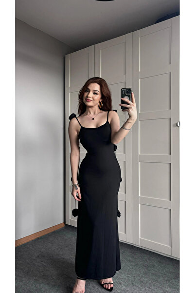 MAMMY Zarif Askılı Siyah Uzun Elbise - Çiçek Detaylı Akşam Elbisesi