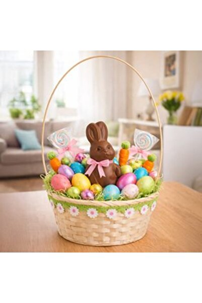 Jumbo Bamboo Easter Basket with Woven Daisy Pattern & High Handle Ø22 x 10 cm