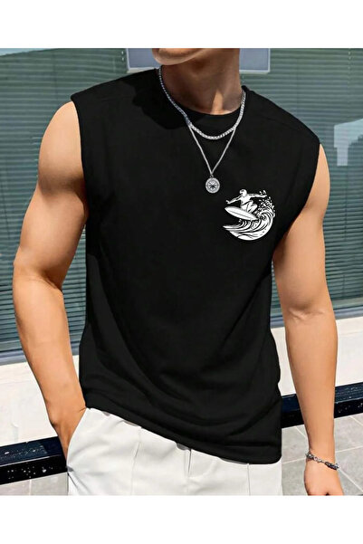 SUNFREE تي شيرت رجالي كبير الحجم بدون أكمام مطبوع عليه SÖRF