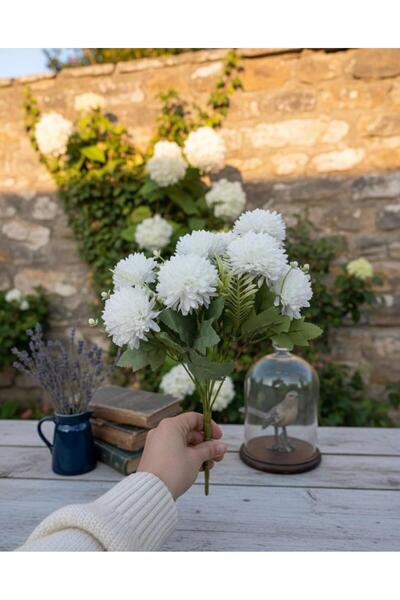 ENRUFLORA Yapay Beyaz Kasımpatı Şimşir Aranjmanlı 9 kafalı Salon Balkon Bahçe...