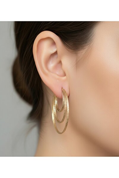 XP XUPİNG Xuping Özel Tasarım Üçlü Halka Gold Çelik Küpe 3cm