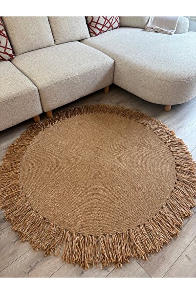 MaVaux Natura Burgu Halat, Hasır Örgü Yuvarlak Saçaklı Jüt Kilim Doğal El Yapımı